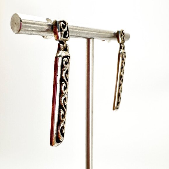 VTG Solid Sterling Silver 925 Scroll Design Dangle Earrings Size 1.5" Length - Picture 2 of 12